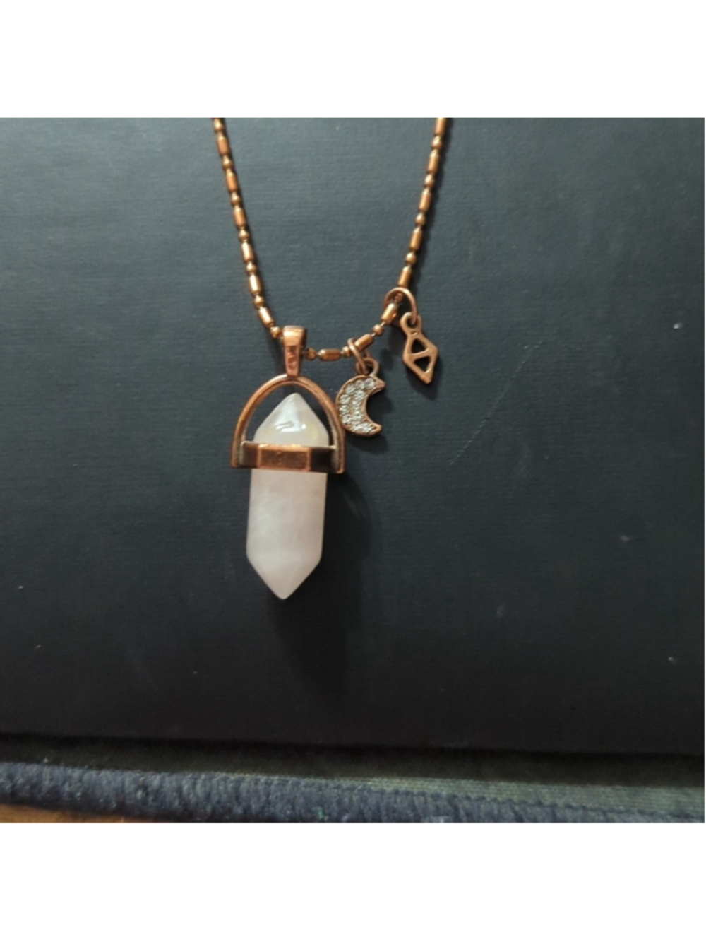 Copper Tone Pink Rose Quartz Rhinestone Star Pendant Statement Necklace